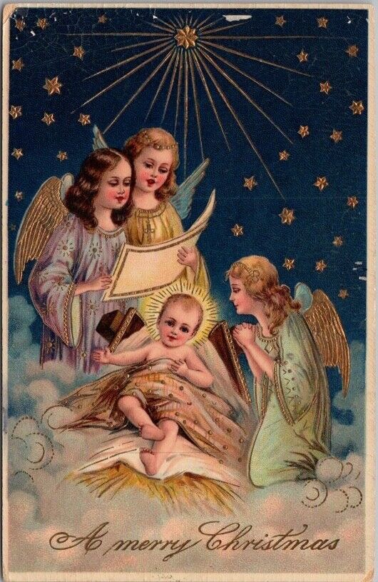 1910s CHRISTMAS Postcard Angels Singing to Baby Jesus in Clouds / PFB Embossed
