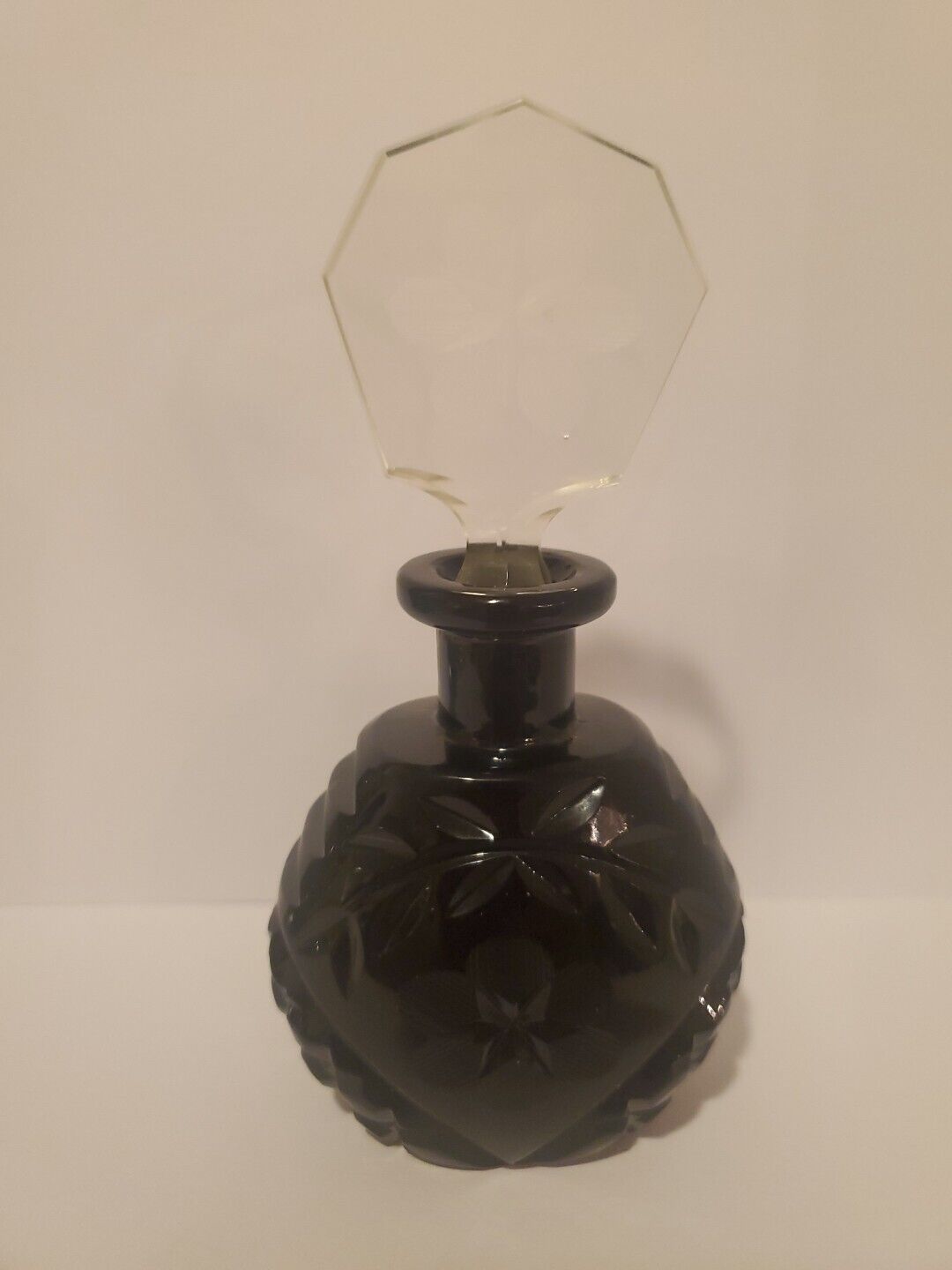 Antique BLACK CUT GLASS INTAGLIO FLORALS CZECH PERFUME BOTTLE w/DAUBER