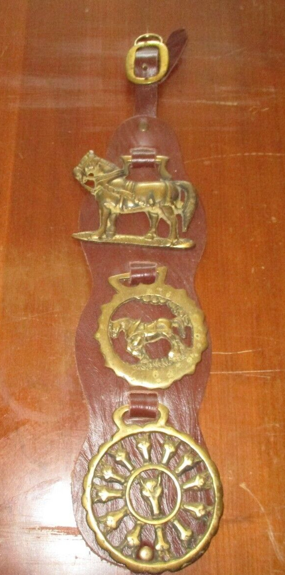 Three Vintage Horse Brass Medallions on  leather strap