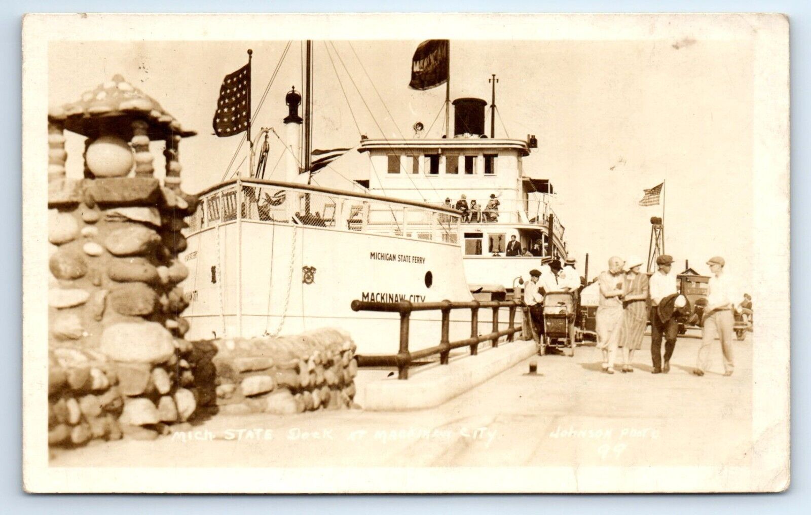 Mackinaw City Michigan State Dock Steam Ferry RPPC Photo Postcard 1926 Johnson's
