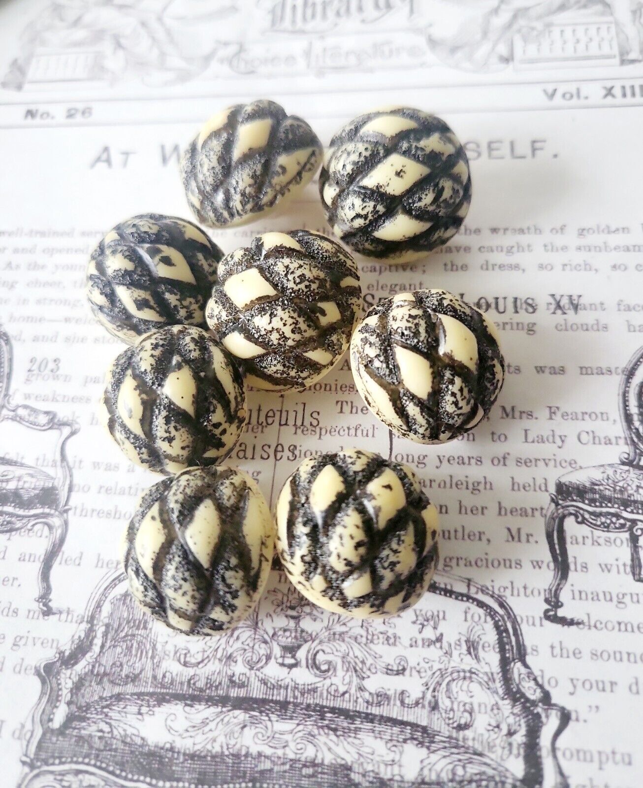 Vintage 60\'s Black & Cream Textured Dome Shank Buttons 8 Pc Lot