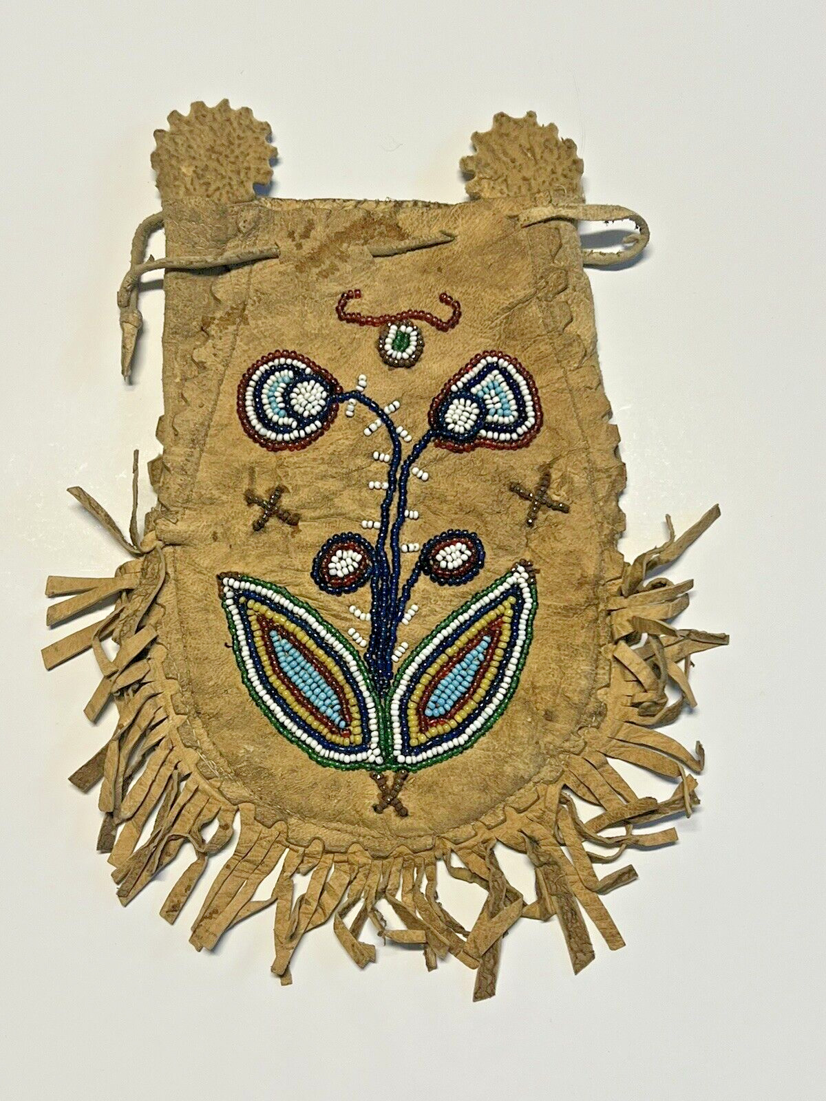 Antique Original SIOUX INDIAN BEAD DECORATED HIDE DRAWSTRING BAG BELT POUCH