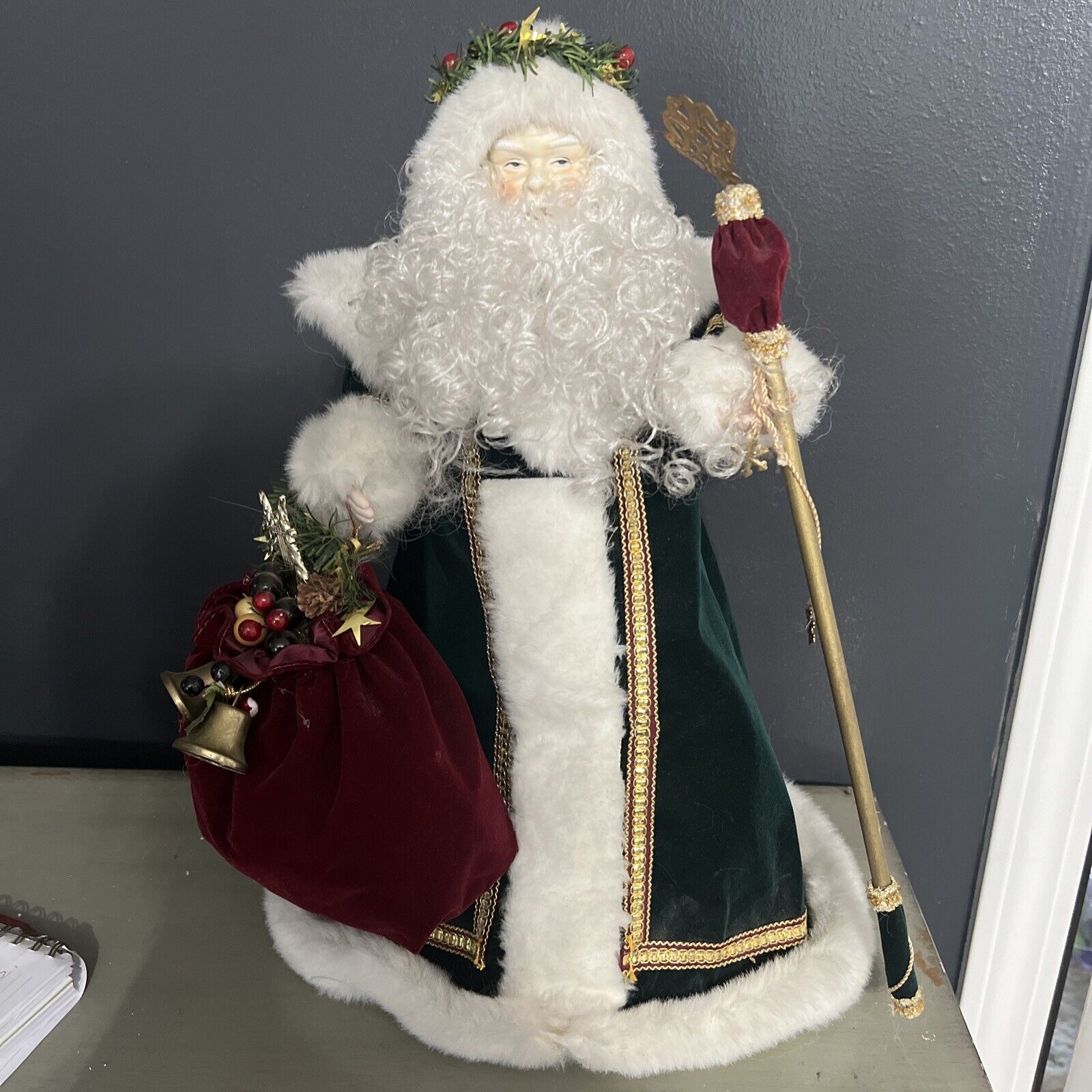 Vintage 18 inch table top Santa with the green suit With toy sack porcelain face