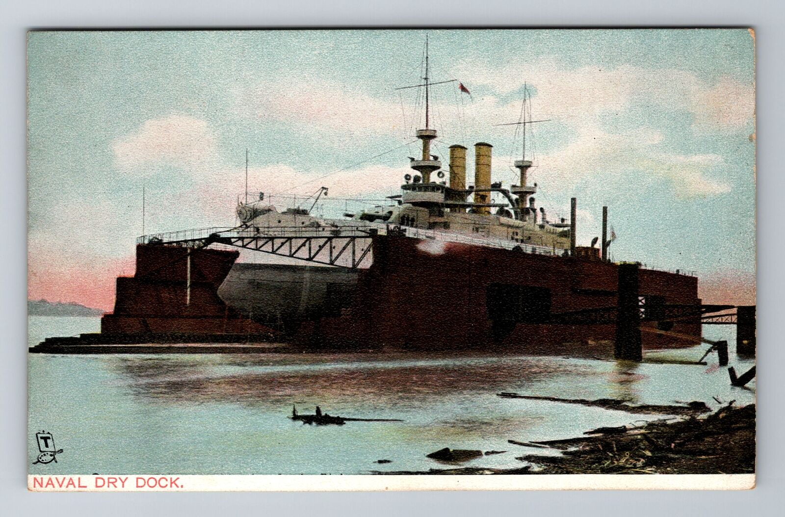 Ship At Naval Dry Dock, US Navy, TUCK Series #2637 Vintage Postcard