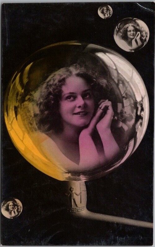 c1910s RPPC Tinted Photo Greetings Postcard Pretty Lady\'s Face in Pipe Bubble