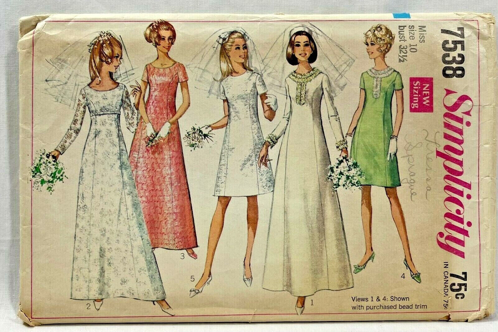 1968 Simplicity Sewing Pattern 7538 Womens Wedding Dress 2 Lengths Size 10 9645
