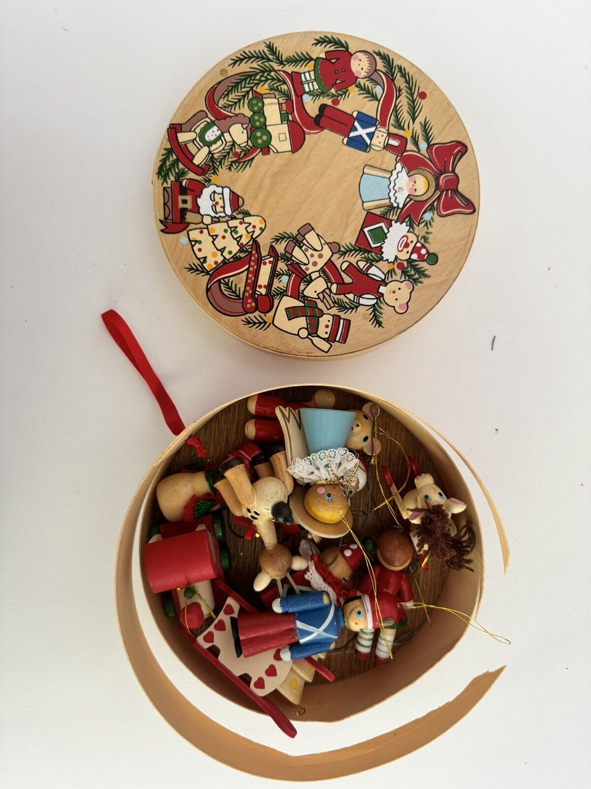 Vintage Wooden Christmas Ornaments Twelve (12) Piece in Original Decorative Box