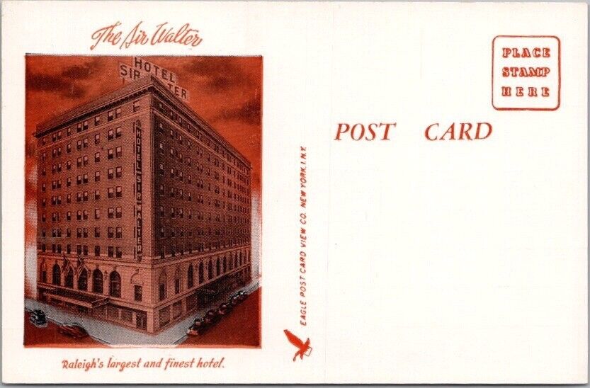 c1930s RALEIGH, North Carolina Postcard HOTEL SIR WALTER Street View / UNUSED