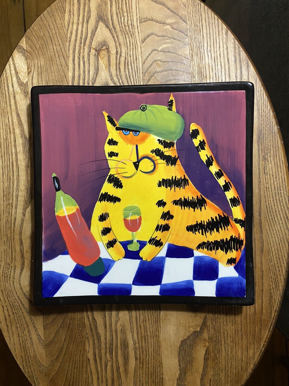 Mary Naylor Designs Cool French Cat Wine Square Plate Wall Hanging