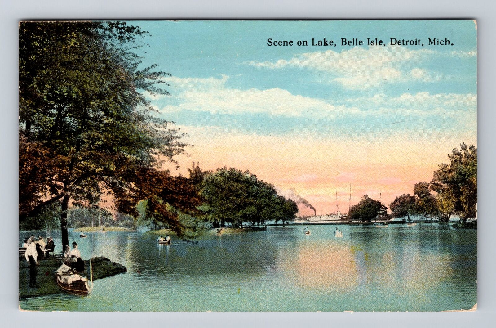 Detroit MI-Michigan, Scenic Lake at Belle Isle, Antique Vintage Postcard