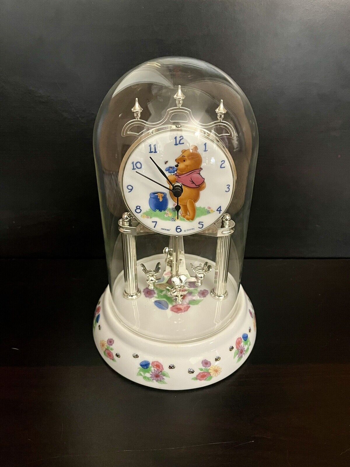 Vintage Disney Winnie The Pooh Anniversary Clock Glass Dome Porcelain Base