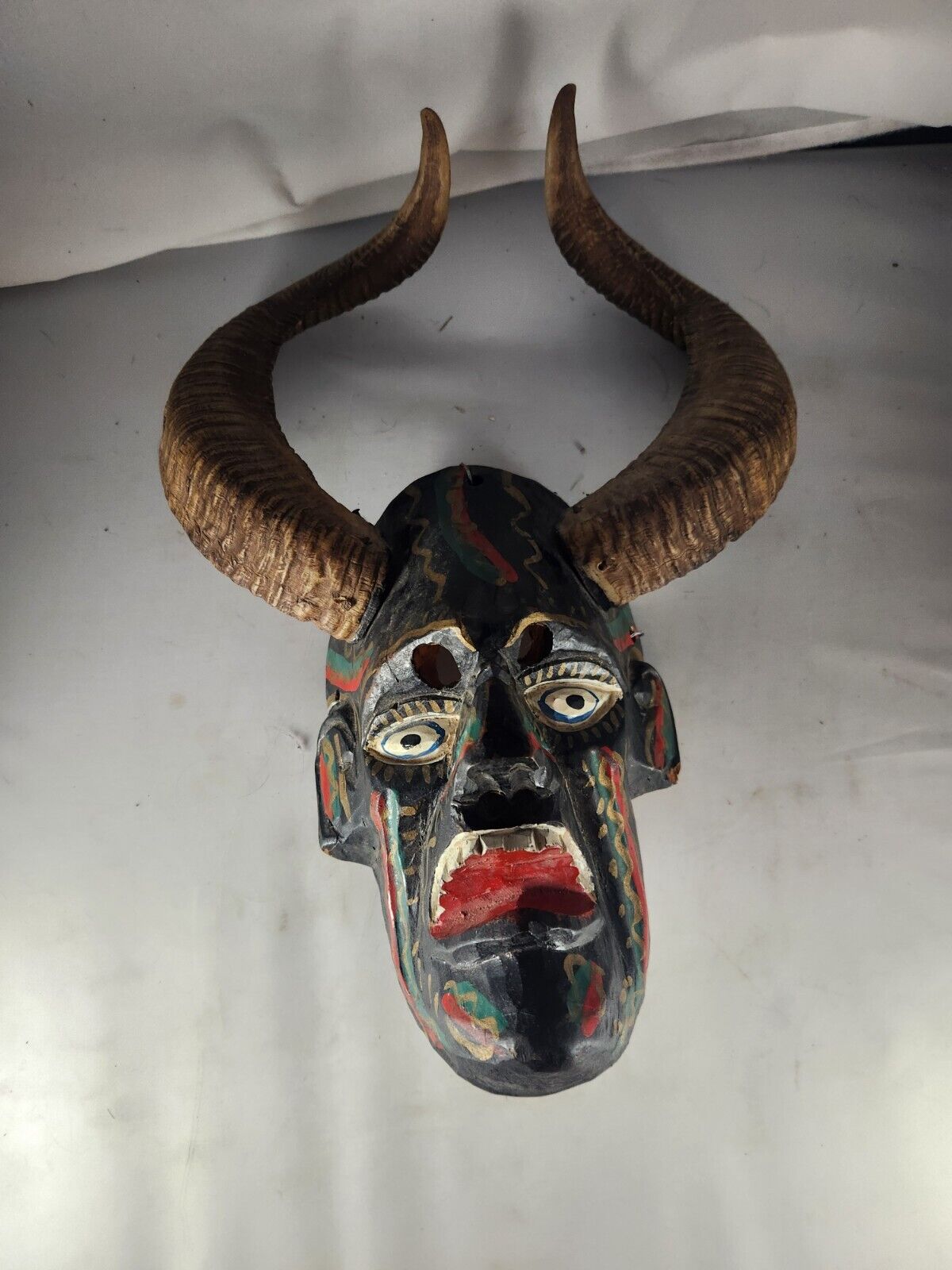Vintage Diablo Devil Dance Mask Wood Real Ram Horns  Folk Art