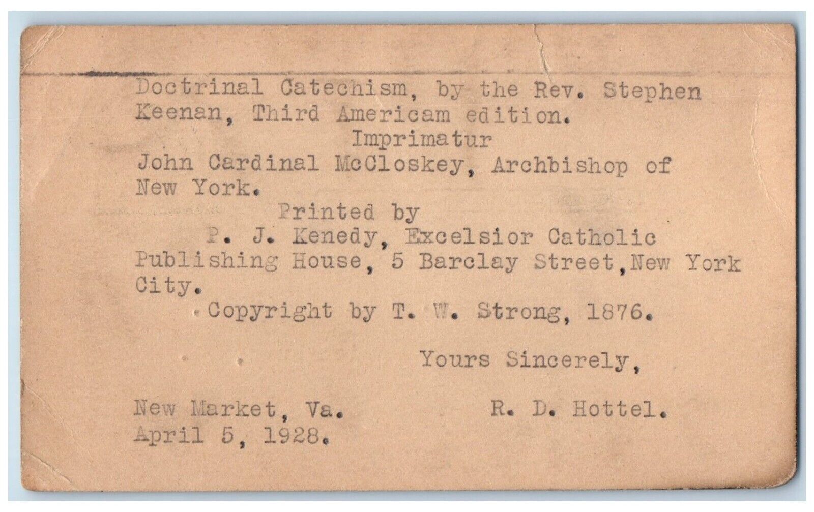 1928 Doctrinal Catechism By Reve Stephen Keenan New Market VA Postal Card