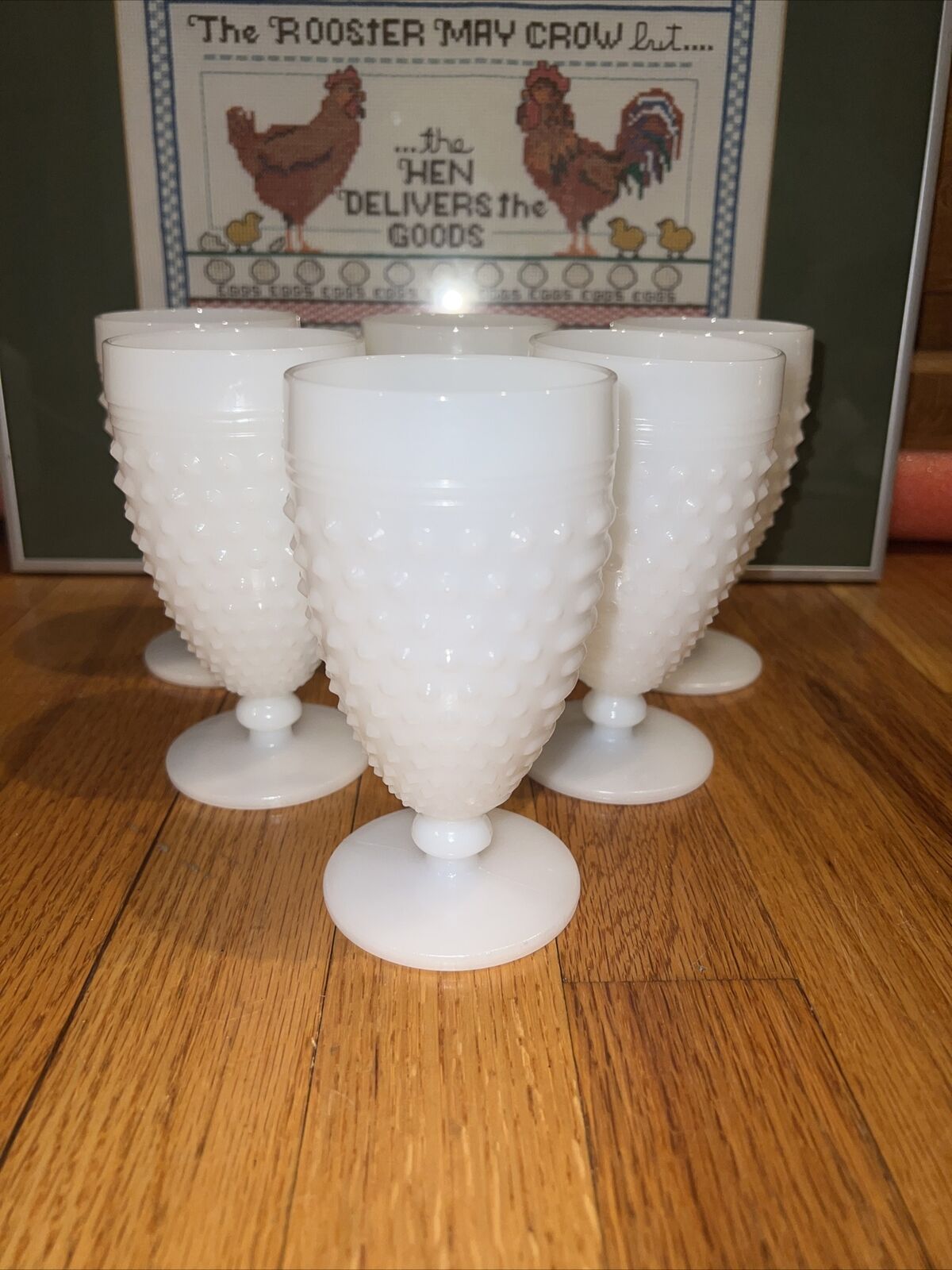 6 Anchor Hocking Hobnail Milk Glass Water Goblets With Ladder