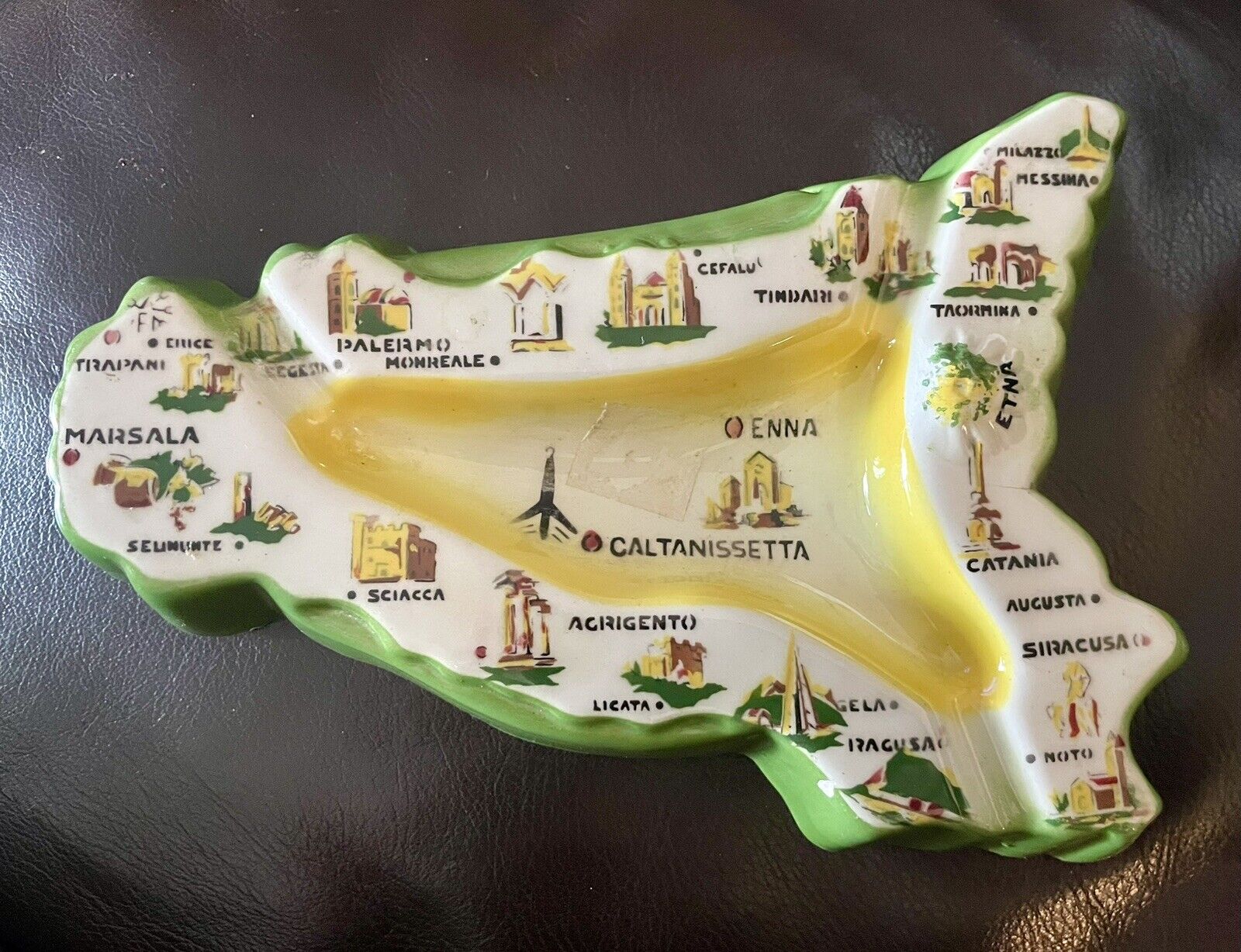 Vintage Ceramic Ashtray Map Of Sicily Italy Great Colors
