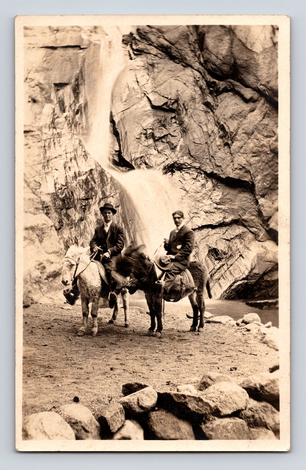 1908 RPPC Broadmoor Seven Falls Waterfall Men Mules Colorado Springs CO Postcard
