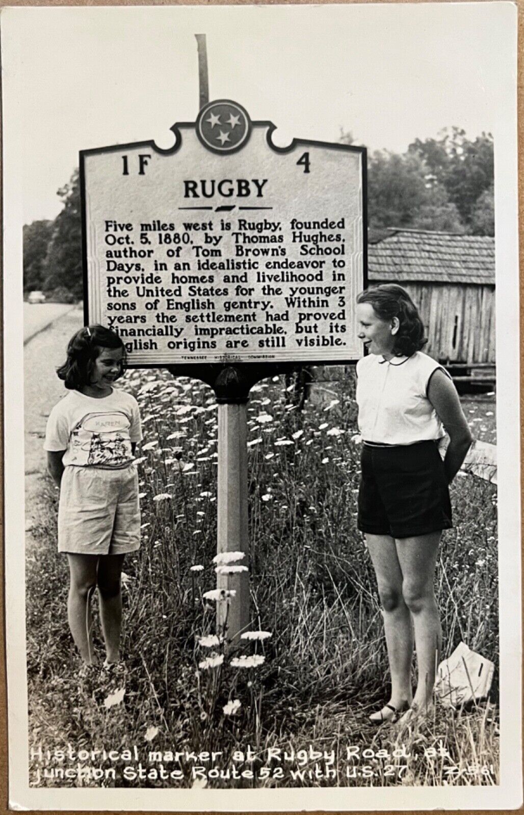 RPPC Rugby Tennessee Cute Girls by Historical Marker Real Photo Postcard c1950