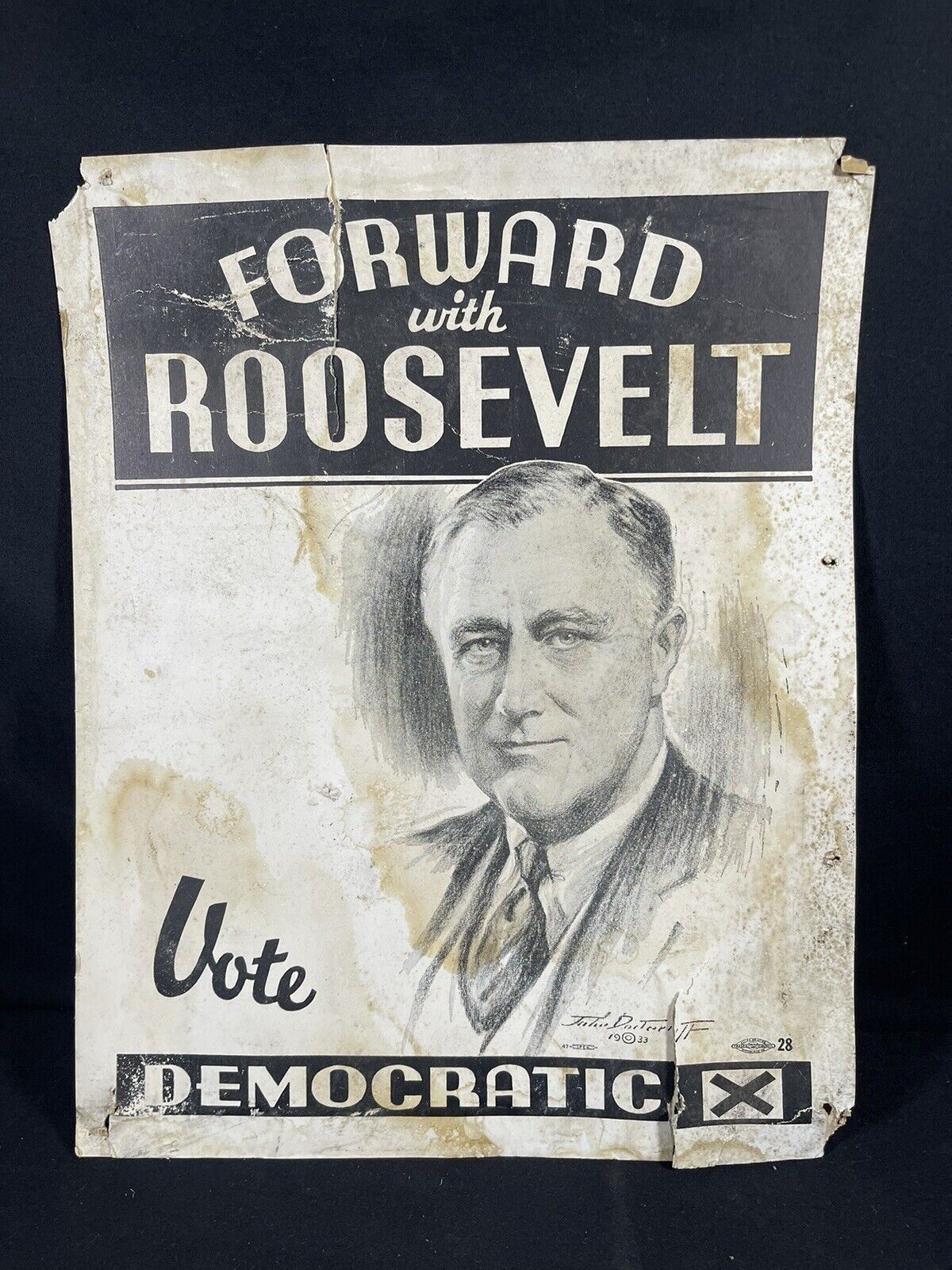Original Vtg 1930s Forward W/ Roosevelt Card stock Election Poster Sign 1933 FDR