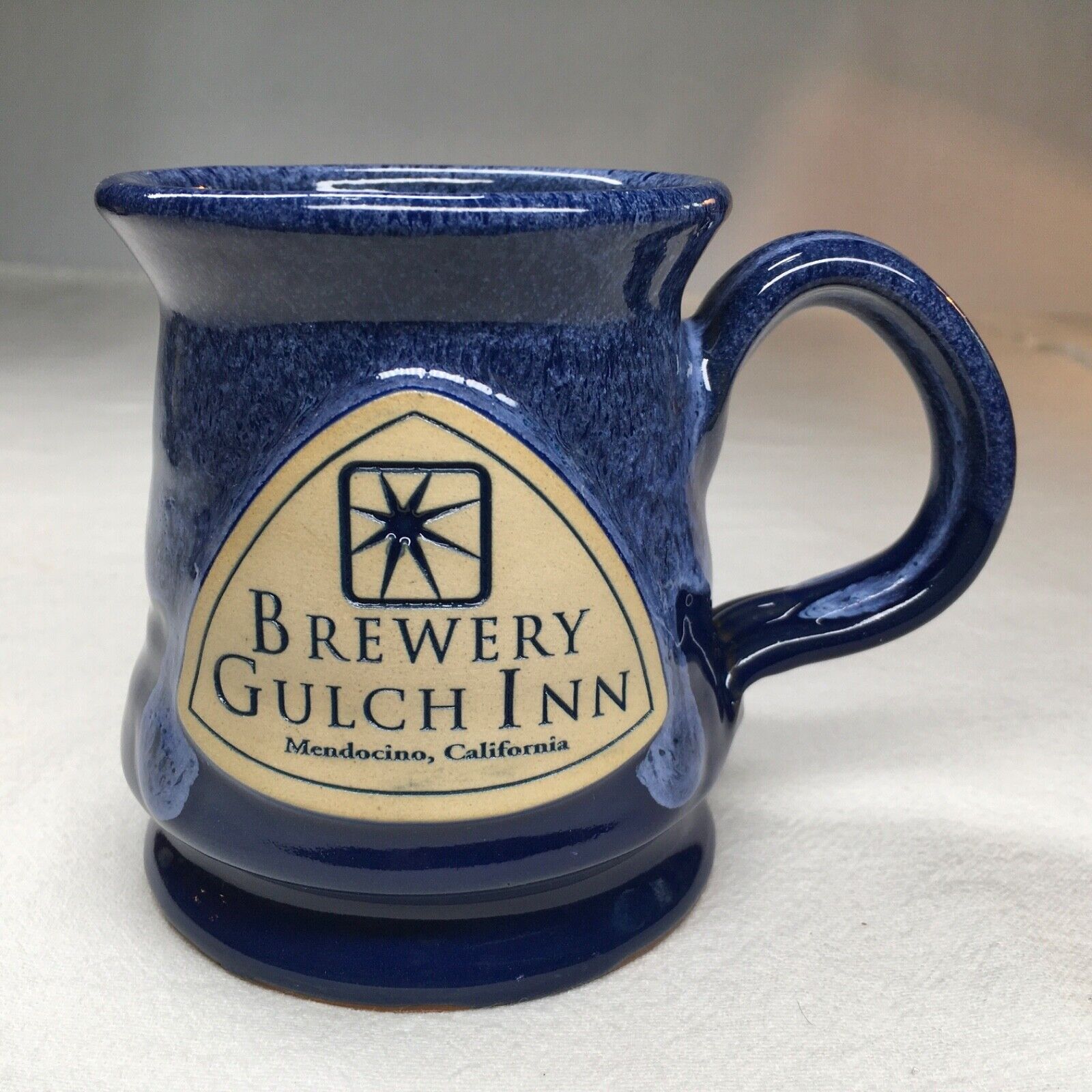 Deneen Pottery Mug Brewery Gulch Inn, Mendocino CA, Deneen Mug Cobalt Blue Drip.