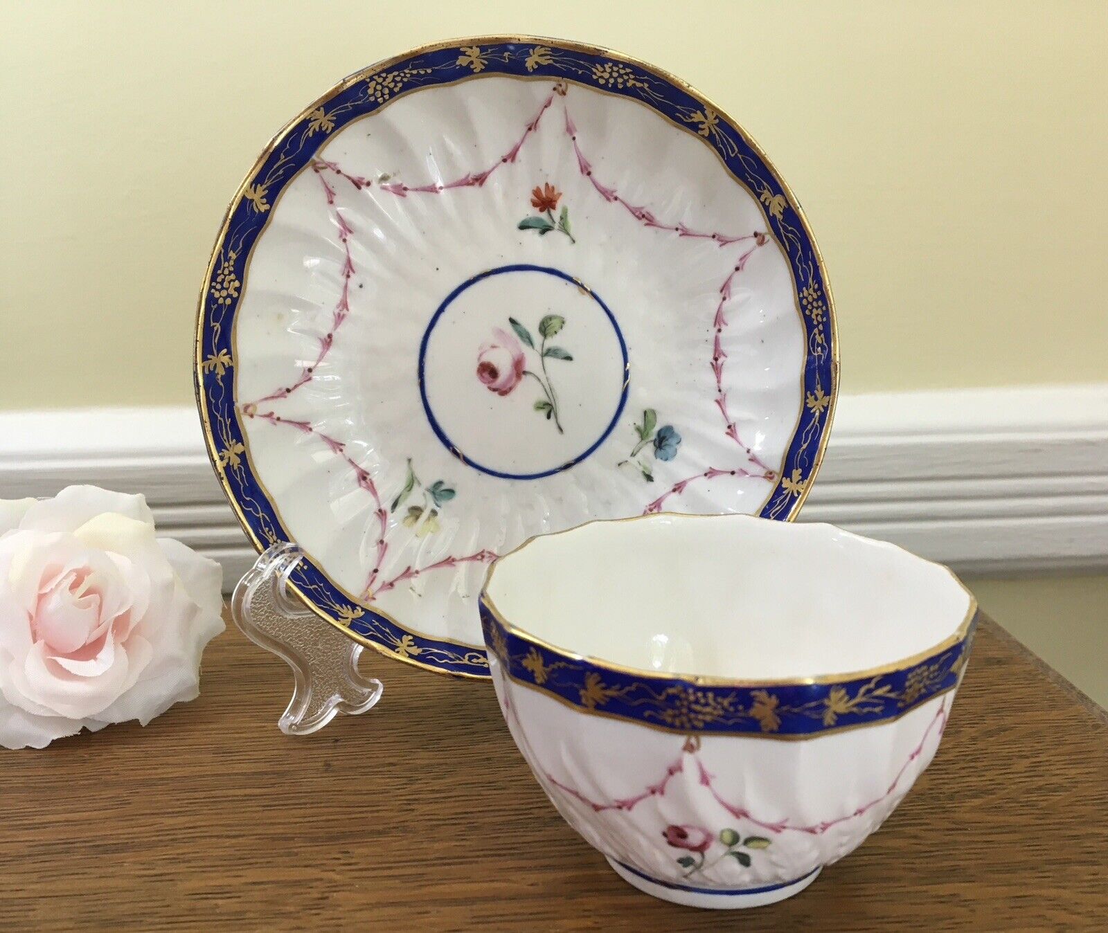 Antique c.1778 Crown Derby Tea Bowl & Saucer Handpainted Floral with Cobalt Trim