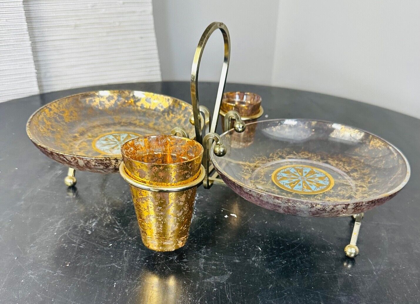 Vintage Georges Briard Gold Leaf 5 piece Hors d' Oeuvres Caddy Mid Century