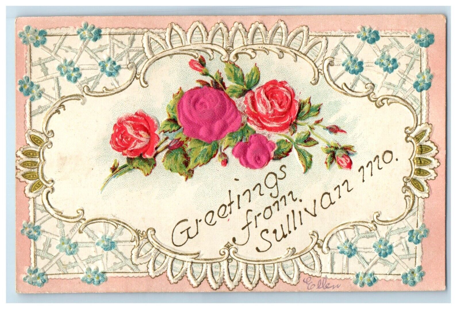 1937 Greetings From Sullivan Missouri MO, Flowers Embossed Vintage Postcard