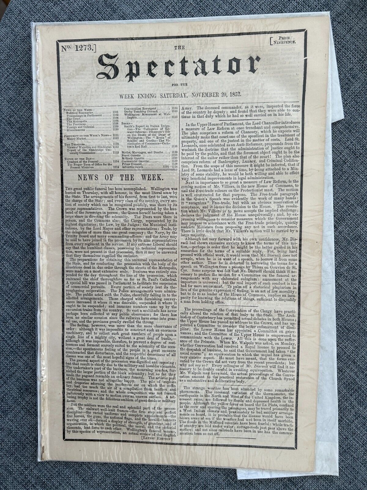 THE SPECTATOR 20 MAR 1852 DUKE OF WELLINGTON FUNERAL ORIGINAL NEWSPAPER