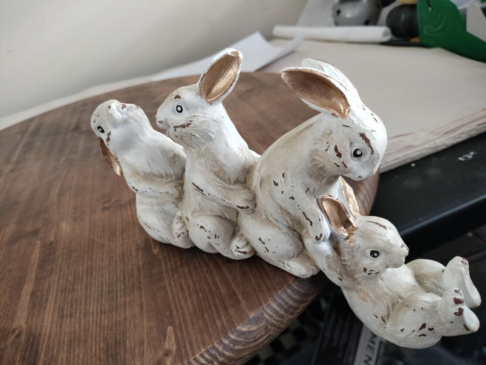 Helping Hands Bunny Rabbits White Gold Shelf Sitting 9 X 4 1/2\