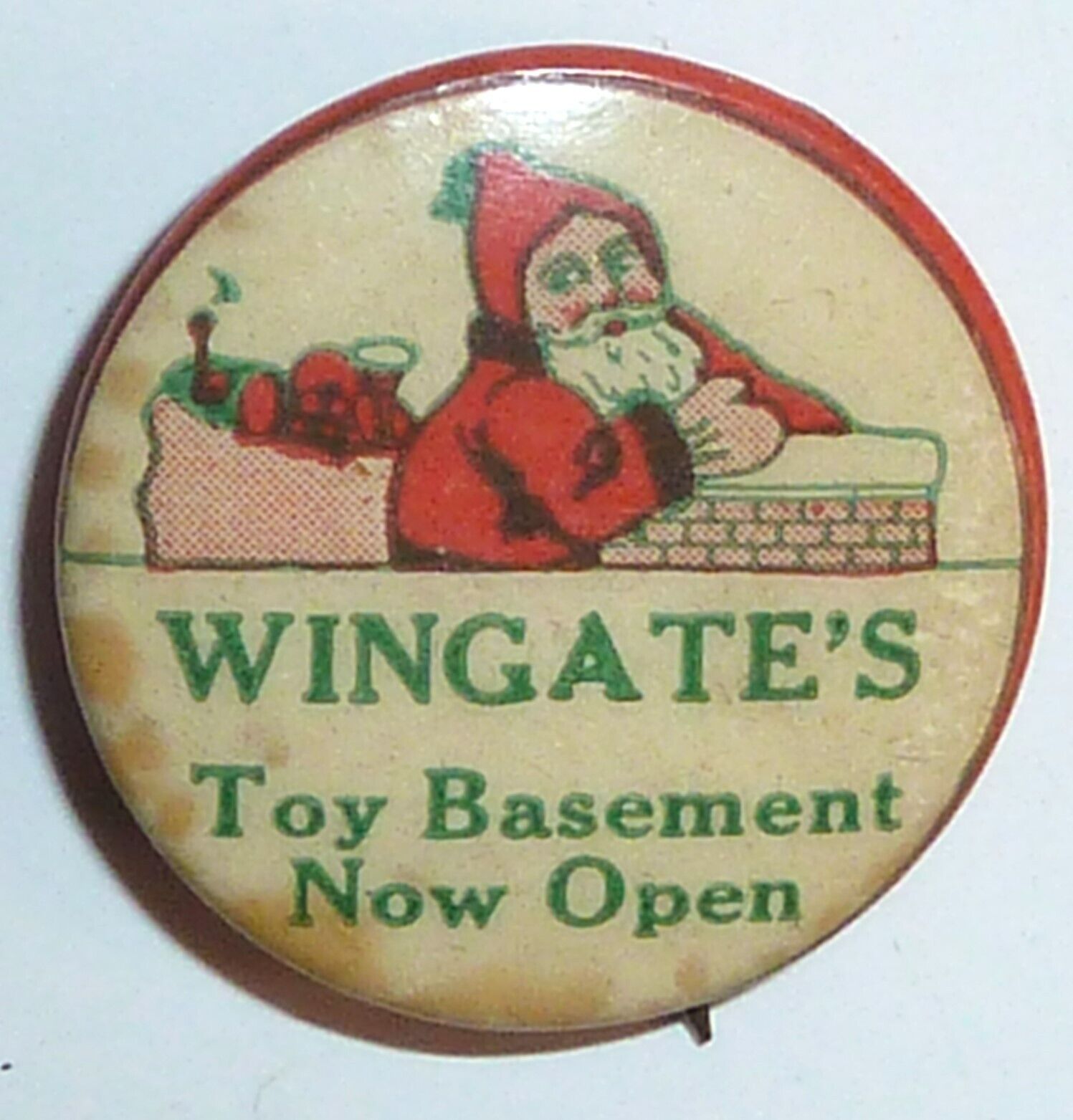 Antique Pinback Santa Claus Wingate's Store Toys Christmas Celluloid Pin Button
