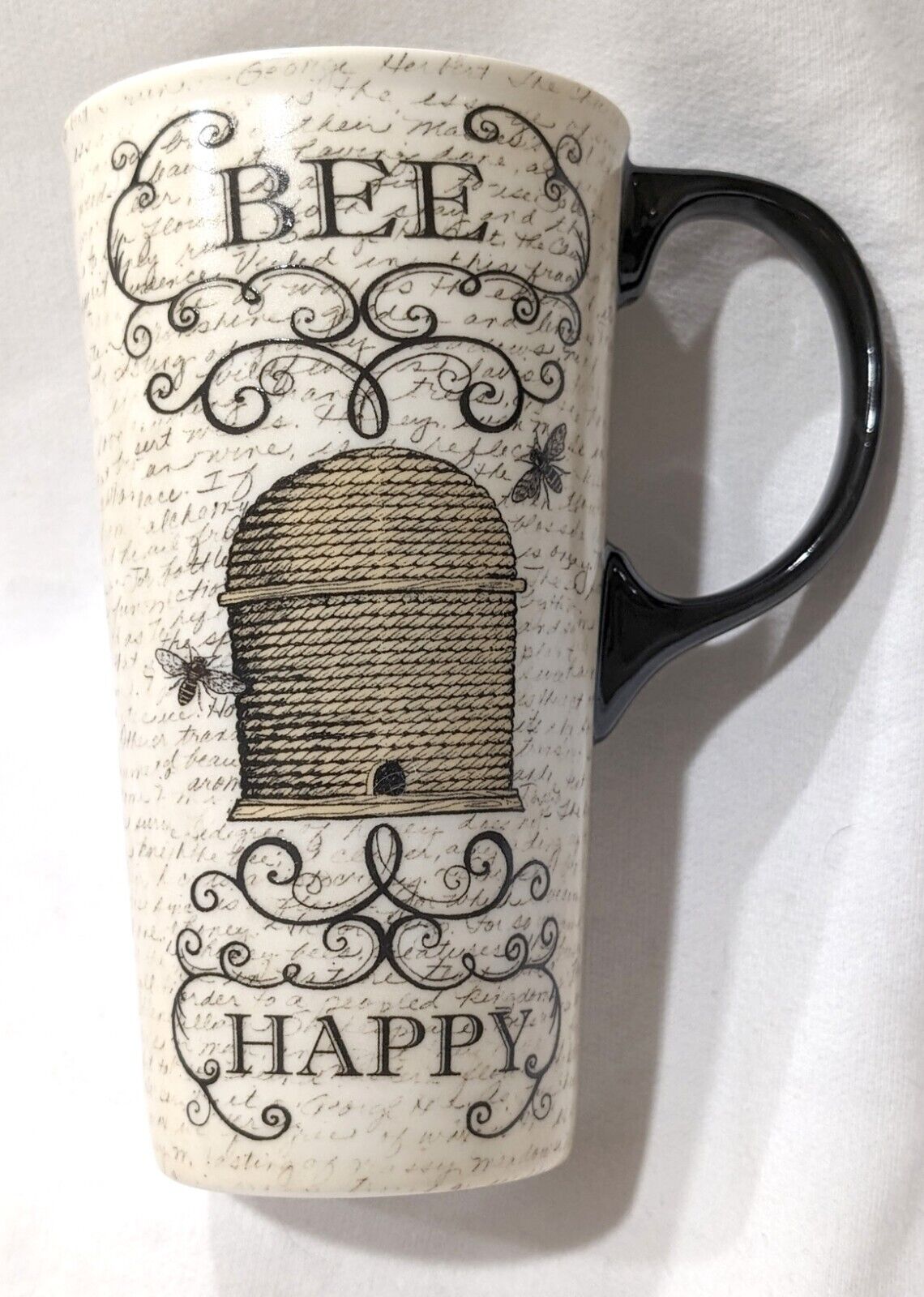Cypress Home BEE HAPPY Coffee Mug Cup Old Style Cursive Script Beehive Tall 17oz
