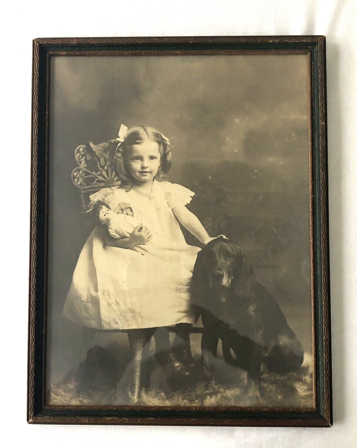 Victorian Little Girl w Cocker Spaniel Dog + Doll Antique Framed Photo 17