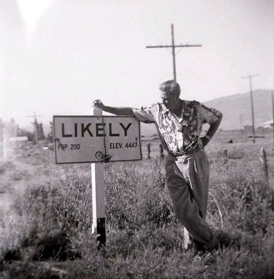 Vintage 1930 Photo Negative Man Next To Sign for LIKELY Modoc County California