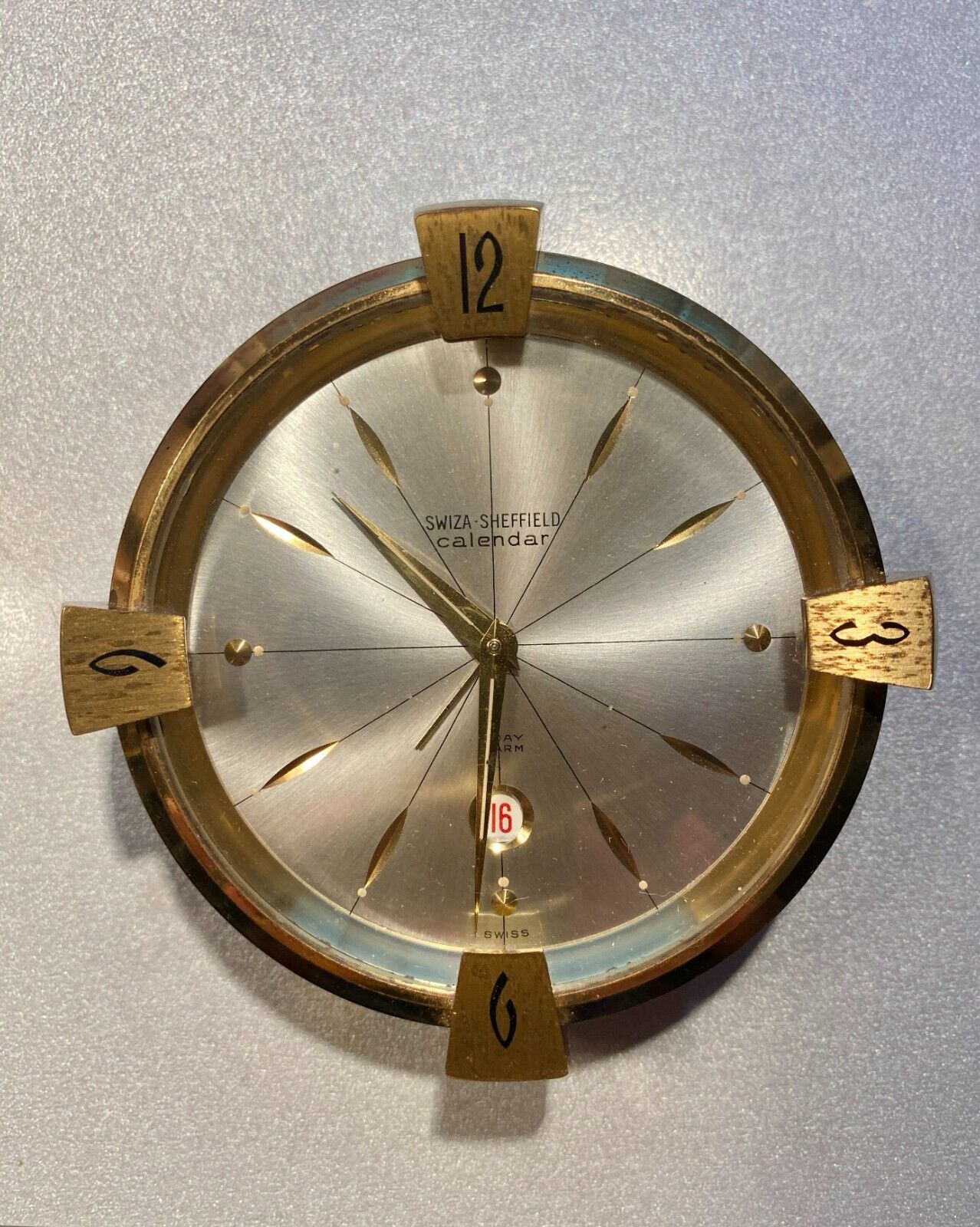 Vintage Sheffield Brass Calendar Alarm Table Clock Switzerland