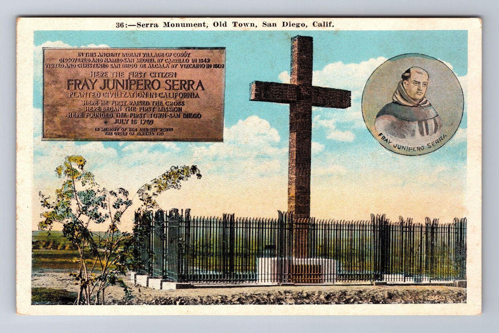 San Diego CA-California, Old Town, Serra Monument, Vintage Souvenir Postcard