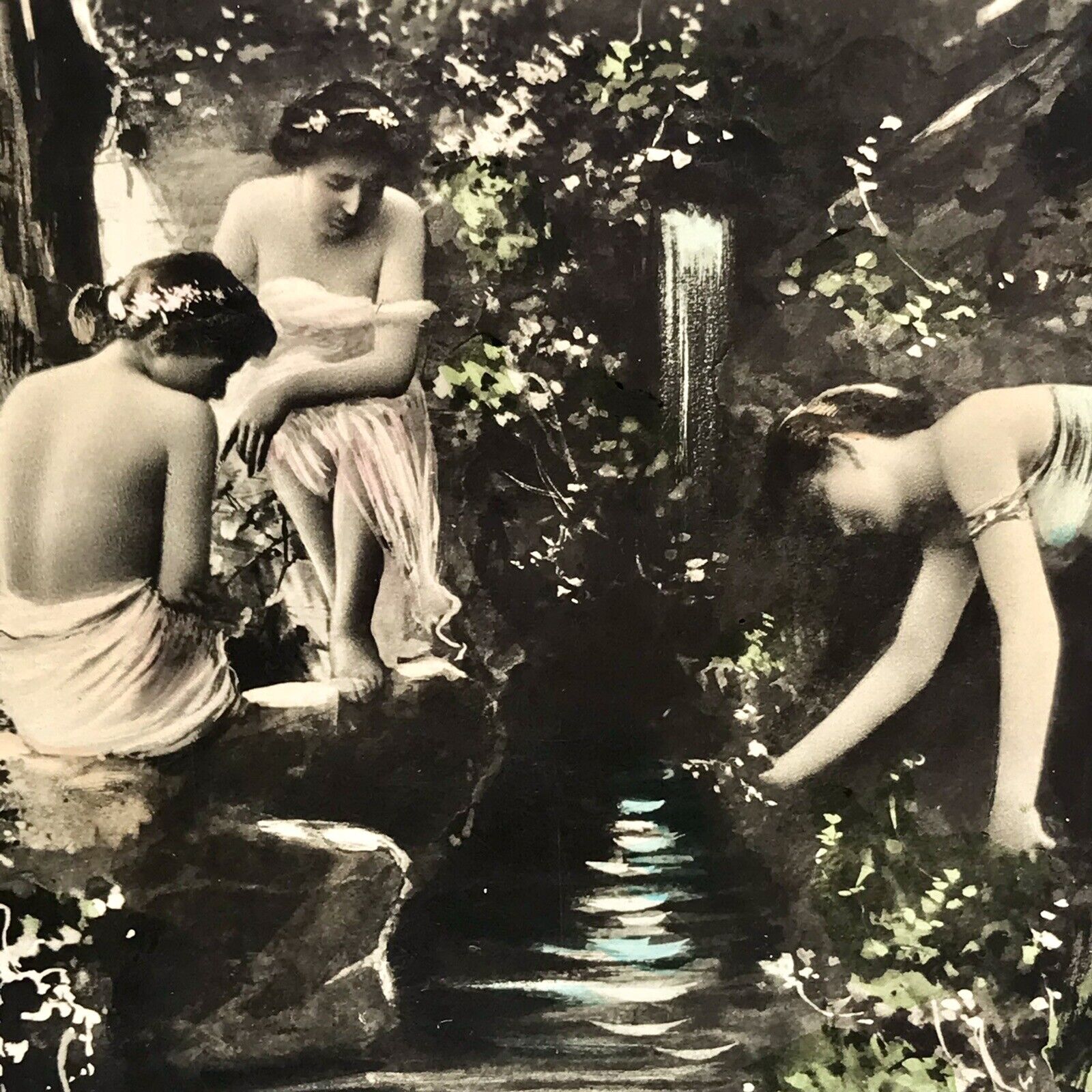 RPPC German Hand Painted Beautiful Women Bathing Antique Ephemera Postcard