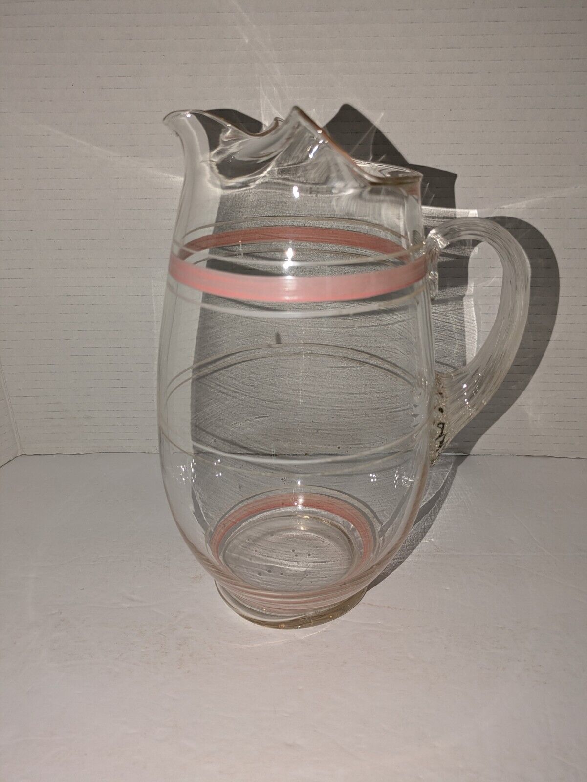Vintage Glass Water Beverage Pitcher With Pink And White Bands Handle Spout