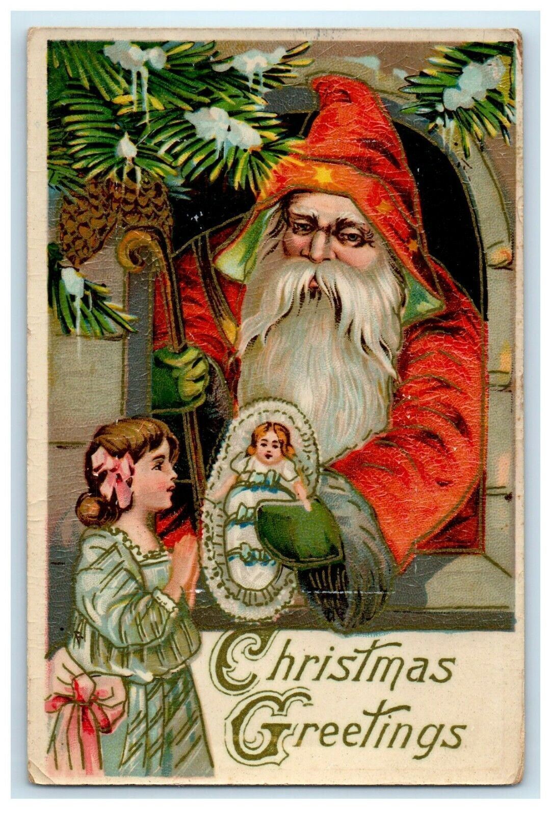 c1905 Old World Christmas Orange Robe Santa Claus Child Doll German Gel Postcard
