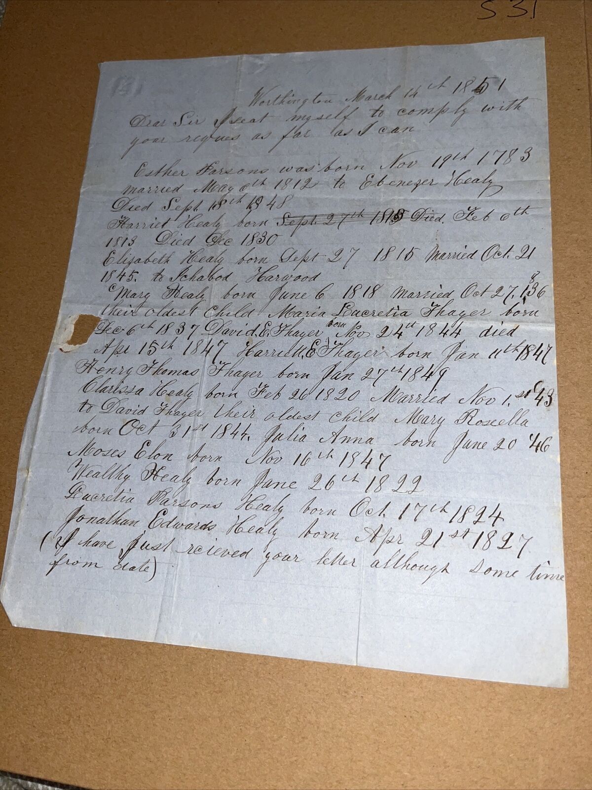 1851 Worthington MA Genealogy Letter: Ebenezer Healy Esther Parsons Chesterfield