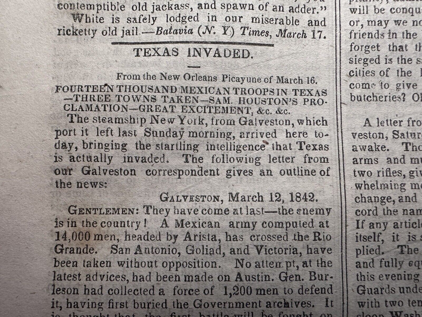 1842 Texas Invaded By Mexico Sam Houston Proclamation Pre Civil War Newspaper
