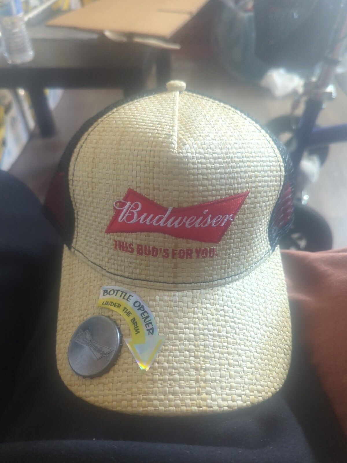 Budweiser Baseball Hat Cap This Bud's For You Woven Straw w/ Bottle Opener Beer 