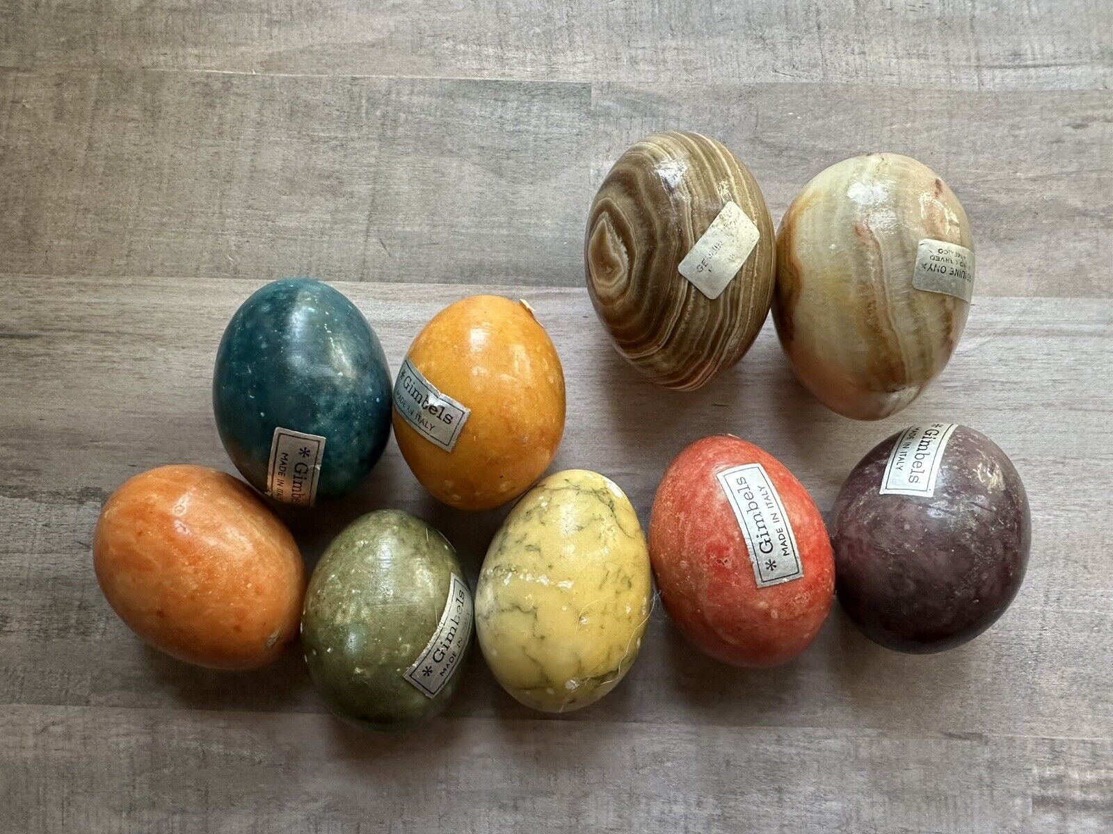 7 BRIGHT Vintage Hand Carved Genuine Alabaster Eggs Colors Made In Italy Gimbels