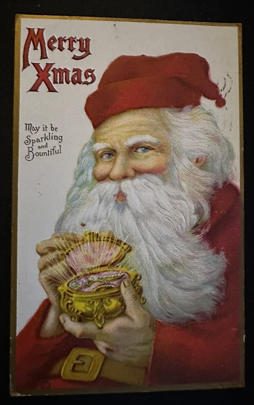 Colorful Red Robe Santa Claus with Jewelry Box~Antique Christmas Postcard~k733