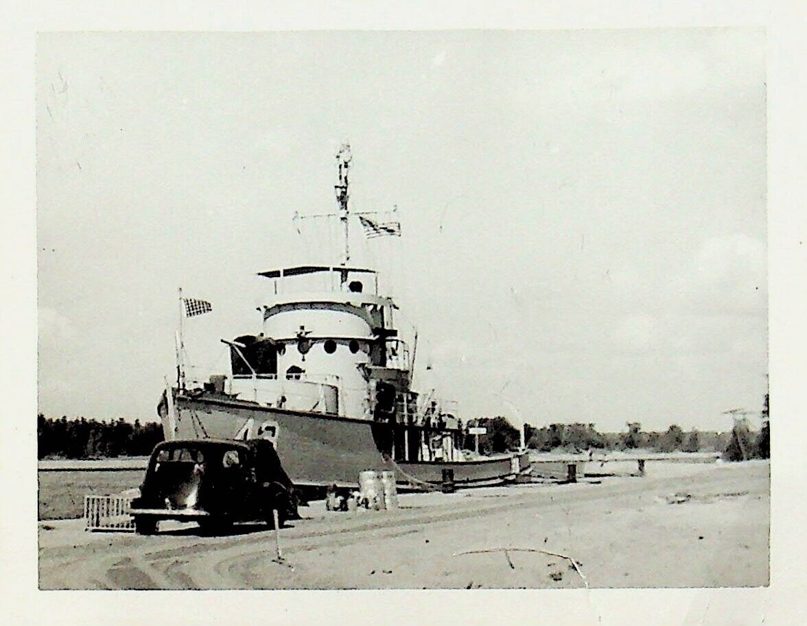 Tugboat and Old Car At Dock Original Antique Photograph - Z-43