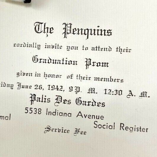 1942 The Penquins Palis Des Gardes Graduation Prom Invitation Chicago Illinois