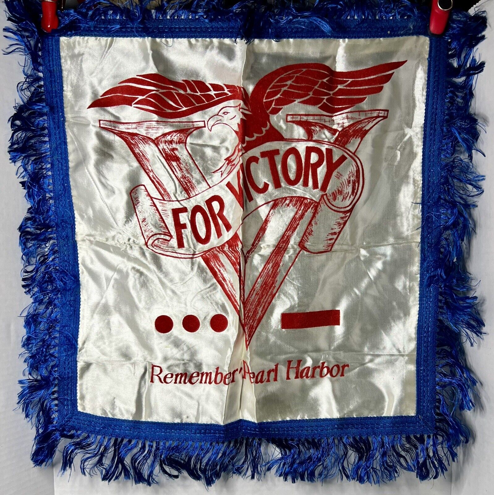 WWII Satin For Victory Remember Pearl Harbor Fringed Pillow Cover - Vintage