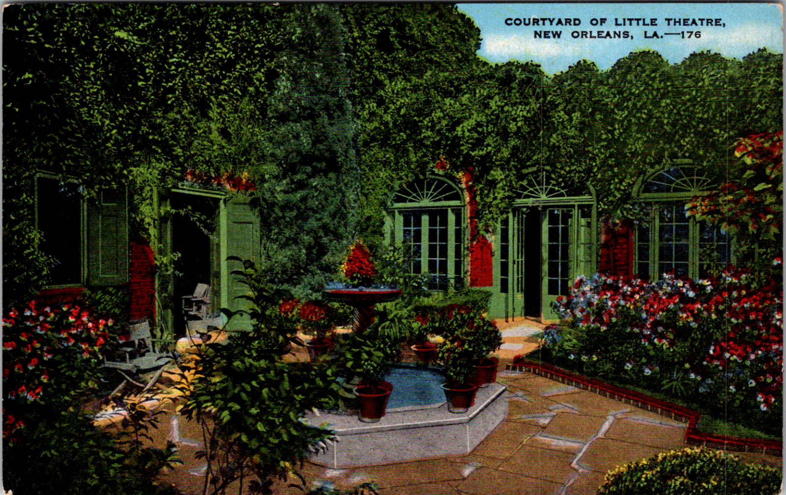 New Orleans Louisiana LA Courtyard of Little Theatre Vintage C 1940's Postcard