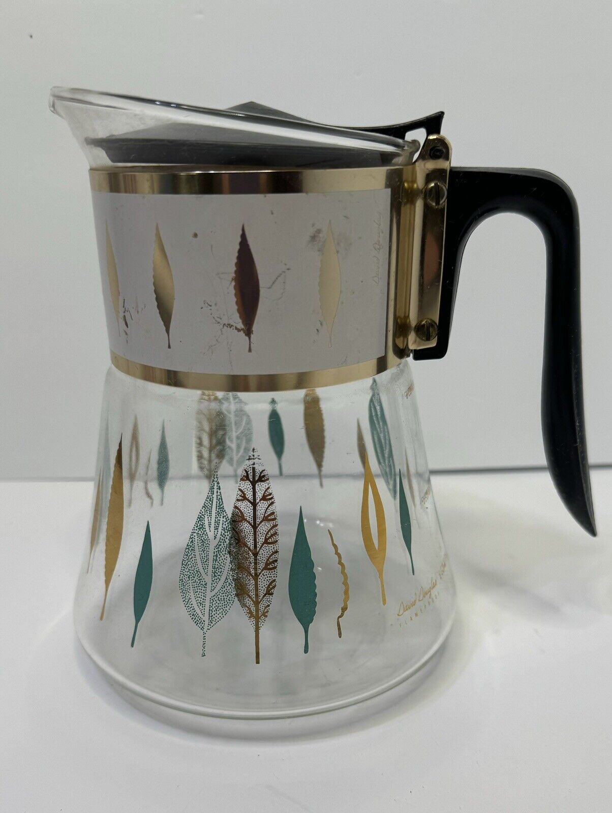 Vintage David Douglas Flameproof Coffee Pot Percolator Aqua & Gold Leaves MCM