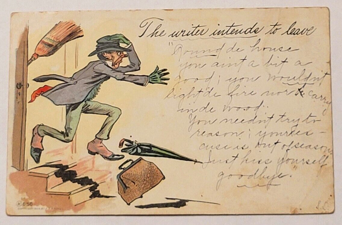 1905 The Writer Intends To Leave Vtg Postcard Man Chased Out Door With Broom