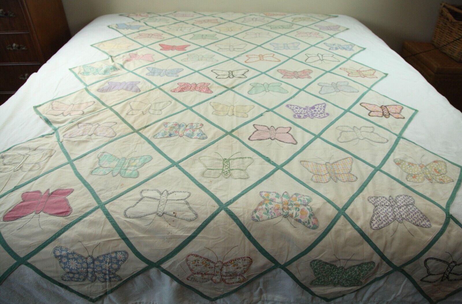 FLAWS Vintage Old Early Butterfly Applique Quilt Top Coverlet 82
