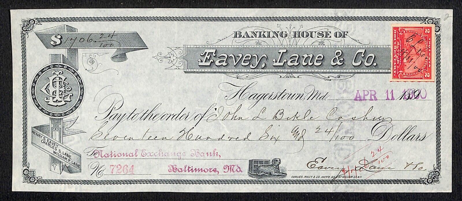 Hagerstown Eavey, Lane & Co Banking House Check 1890's/1900 w/ Rev. Stamp